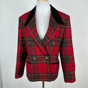 Signature Expressions Y2K Red Plaid Wool Blazer Suede Collar Size 14